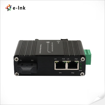 Micro Industrial 1-Port 100Base-FX to 2-Port 10/100Base-T 30W PoE+ Media Converter