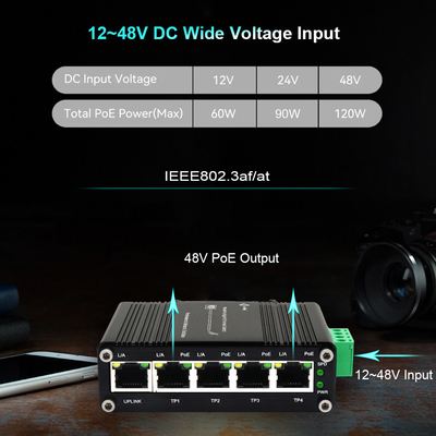 Mini Industrial Ethernet POE Switch 4 Port 10/100/1000BASE-T PoE 12~48V DC