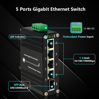 Mini Industrial 4-Port Gigabit + 1 SFP Switch with 12~48VDC Wide Range Power Input
